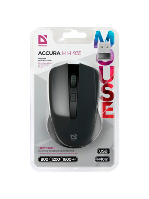 Мышь беспроводная DEFENDER Accura MM-935, 3 кнопки + 1 колесо-кнопка, оптическая, черная, 52935