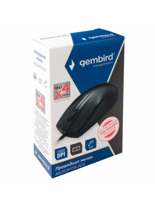 Мышь проводная GEMBIRD MUSOPTI9-905U, USB, 2 кнопки + 1 колесо-кнопка, оптическая, черная