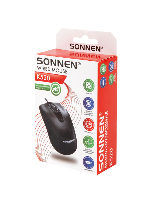 Мышь проводная БЕСШУМНАЯ USB, 1200 dpi, 2 кнопки + колесо-кнопка, оптическая, SONNEN K520, черная, 513944