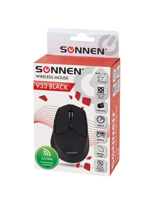 Мышь беспроводная SONNEN V33, USB, 800/1200/1600 dpi, 6 кнопок, оптическая, черная, SOFT TOUCH, 513517