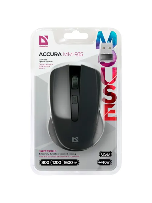Мышь беспроводная DEFENDER Accura MM-935, 3 кнопки + 1 колесо-кнопка, оптическая, черная, 52935