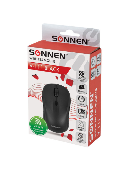 Мышь беспроводная SONNEN V-111, USB, 800/1200/1600 dpi, 4 кнопки, оптическая, черная, 513518