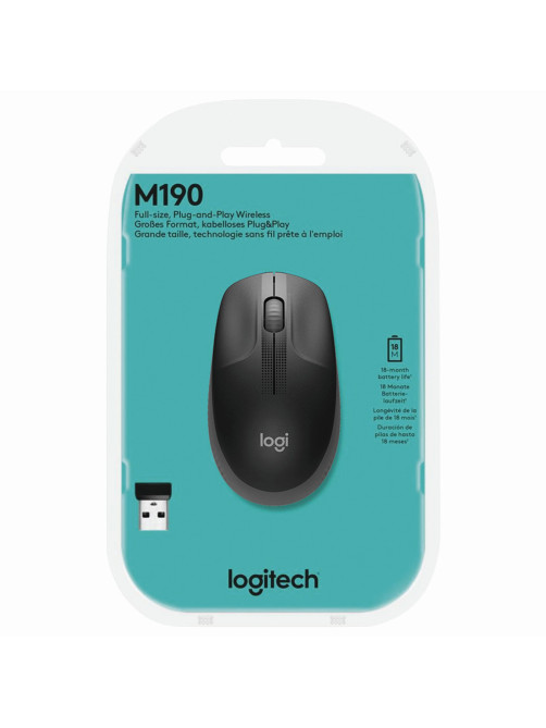 Мышь беспроводная LOGITECH M190, 2 кнопки + 1 колесо-кнопка, оптическая, черно-серая