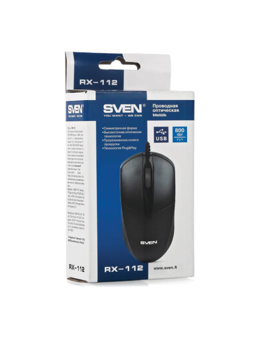 Мышь проводная SVEN RX-112, USB, 2 кнопки+1 колесо-кнопка, оптическая, черная, SV-03200112UB