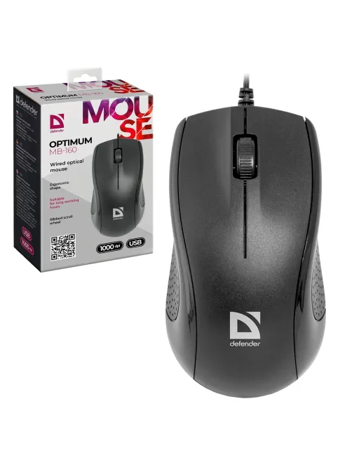 Мышь проводная DEFENDER Optimum MB-160, USB, 2 кнопки + 1 колесо-кнопка, оптическая, черная, 52160