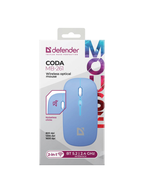 Мышь беспроводная DEFENDER Coda MB-261, 2.4 ГГц + BT, радужная подсветка, 3 кнопки + 1 колесо, 300 мАч, голубая, 52263