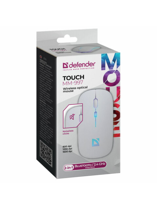 Мышь беспроводная DEFENDER TOUCH MM-997, USB, 3 кнопки+1 колесо-кнопка, оптическая, белая, 52998