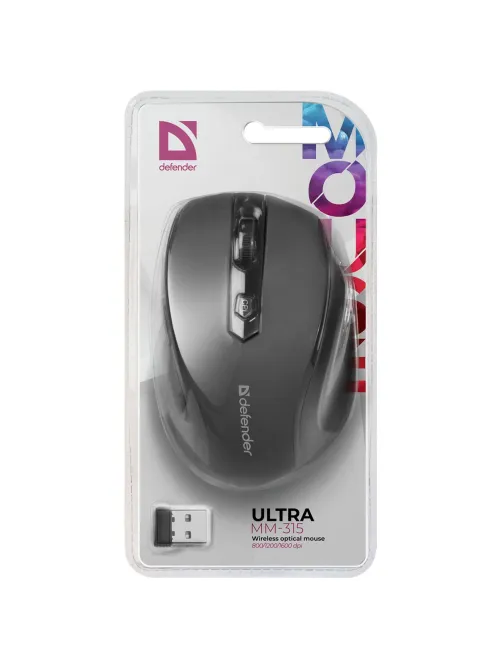 Мышь беспроводная DEFENDER Ultra MM-315, USB, 5 кнопок + 1 колесо-кнопка, оптическая, черная, 52315