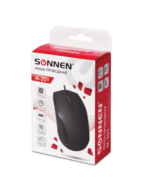 Мышь проводная SONNEN М-201, USB, 1000 dpi, 2 кнопки + колесо-кнопка, оптическая, черная, 512631