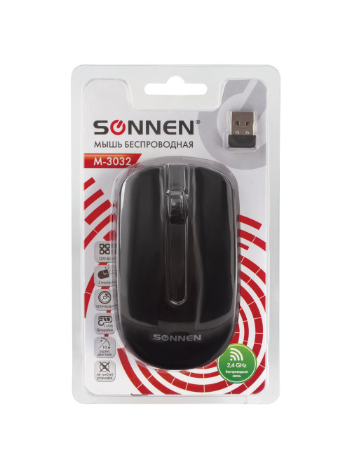 Мышь беспроводная SONNEN M-3032, USB, 1200 dpi, 2 кнопки + 1 колесо-кнопка, оптическая, черная, 512640