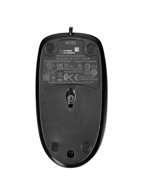 Мышь проводная LOGITECH M100, USB, 2 кнопки + 1 колесо-кнопка, оптическая, черно-серая