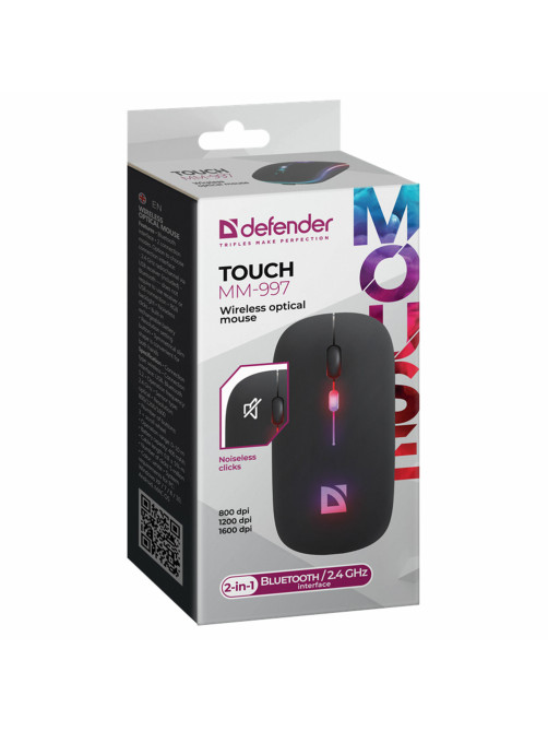 Мышь беспроводная DEFENDER TOUCH MM-997, USB, 3 кнопки+1 колесо-кнопка, оптическая, черная, 52997