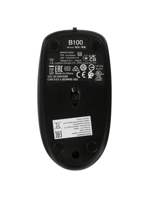 Мышь проводная LOGITECH B100, USB, 2 кнопки + 1 колесо-кнопка, оптическая, черная