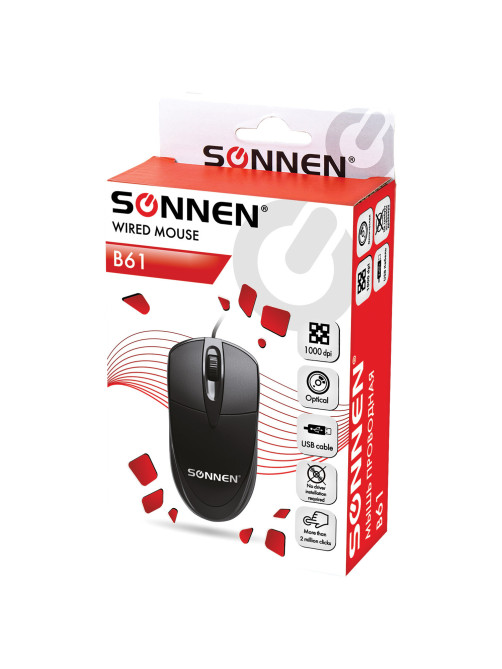 Мышь проводная SONNEN B61, USB, 1000 dpi, 2 кнопки + колесо-кнопка, оптическая, черная, 513513