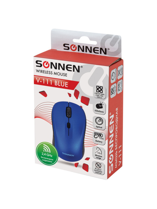 Мышь беспроводная SONNEN V-111, USB, 800/1200/1600 dpi, 4 кнопки, оптическая, синяя, 513519