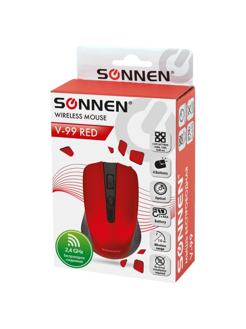 Мышь беспроводная SONNEN V99, USB, 1000/1200/1600 dpi, 4 кнопки, оптическая, красная, 513529