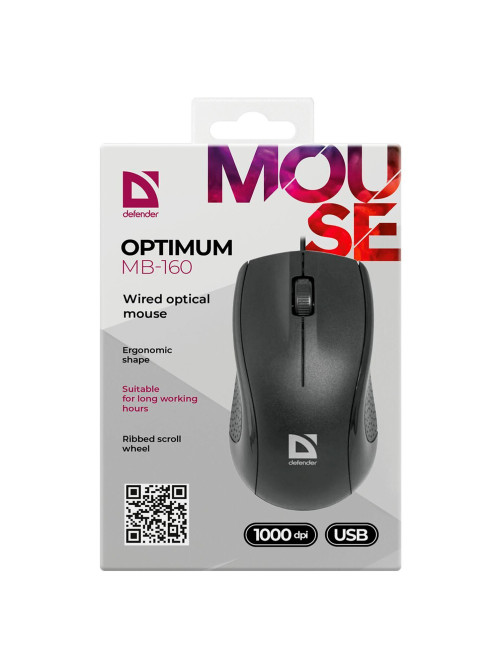 Мышь проводная DEFENDER Optimum MB-160, USB, 2 кнопки + 1 колесо-кнопка, оптическая, черная, 52160