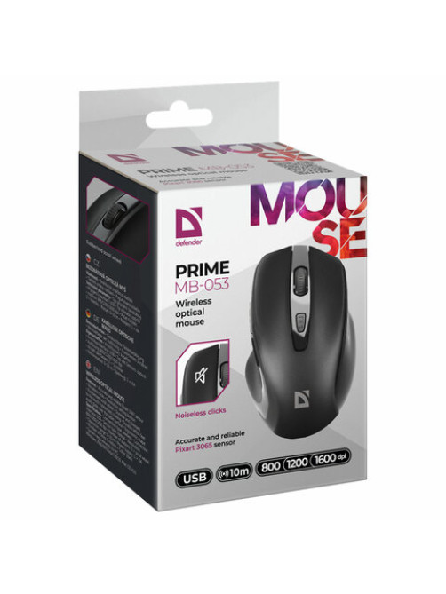 Мышь беспроводная DEFENDER Prime MB-053, USB, 5 кнопок + 1 колесо-кнопка, оптическая, черная, 52053