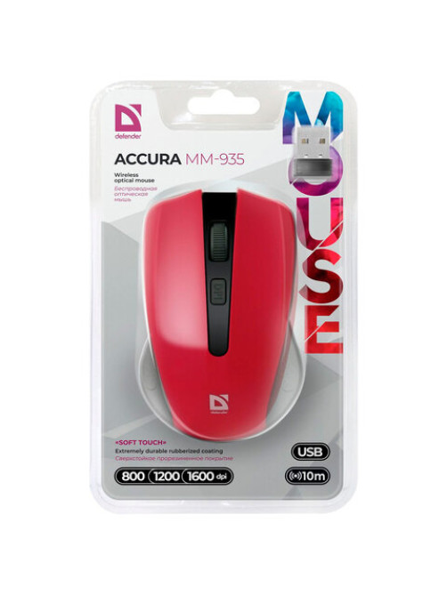 Мышь беспроводная DEFENDER Accura MM-935, 3 кнопки + 1 колесо-кнопка, оптическая, красная, 52937