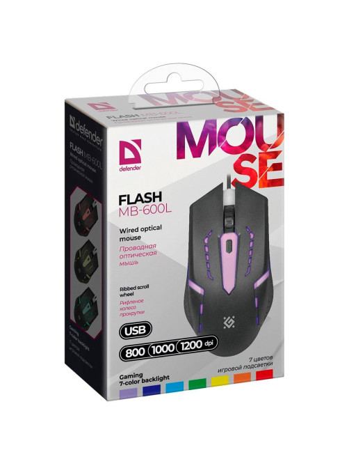 Мышь проводная DEFENDER Flash MB-600L, 800-1200 dpi, 4 кнопки + 1 колесо-кнопка, оптическая, черная, 52600
