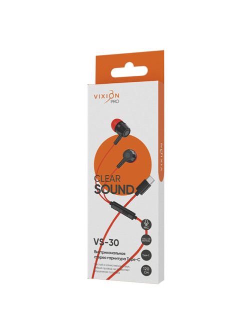 Наушники с микрофоном (гарнитура) VIXION PRO VS-30, проводные, 1,2 м, Type-C, красный, 03431, БП-00001069