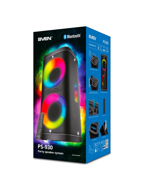 Колонка портативная SVEN PS-930, 150 Вт, TWS, Bluetooth, FM, USB, microSD, LED-дисплей, черный, SV-022402