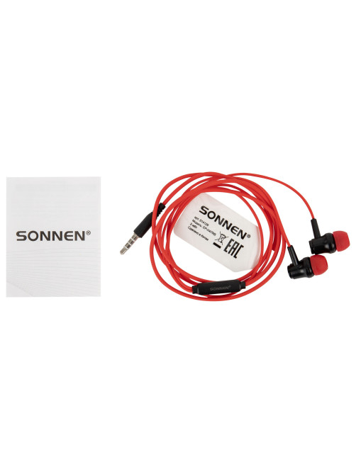 Наушники проводные внутриканальные с микрофоном SONNEN EP-H47RB, 1,1 м, красные/черные, 514129