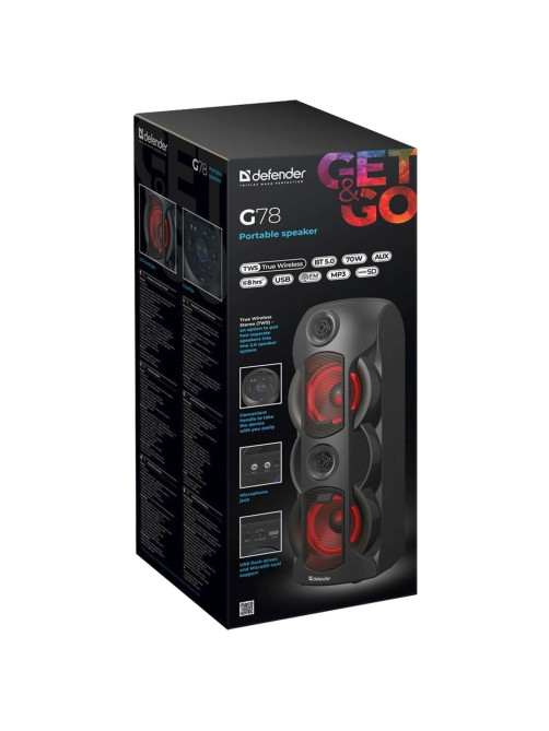 Колонка портативная DEFENDER G78, 2.0, 70 Вт, Bluetooth, FM-тюнер, microSD, чёрная, 65178