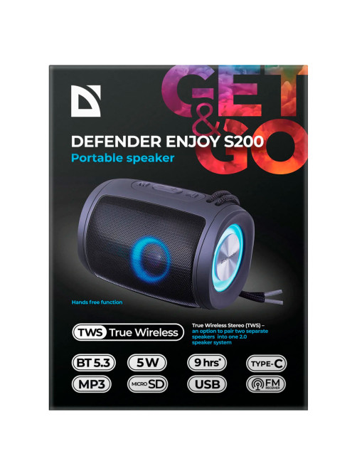 Колонка портативная DEFENDER Enjoy S200, 2.0, 5 Вт, Bluetooth, FM-тюнер, USB, microSD, 1200 мАч, 65200
