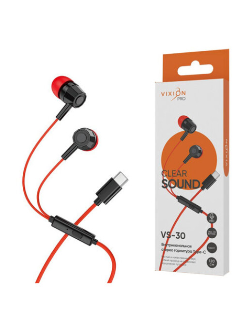 Наушники с микрофоном (гарнитура) VIXION PRO VS-30, проводные, 1,2 м, Type-C, красный, 03431, БП-00001069