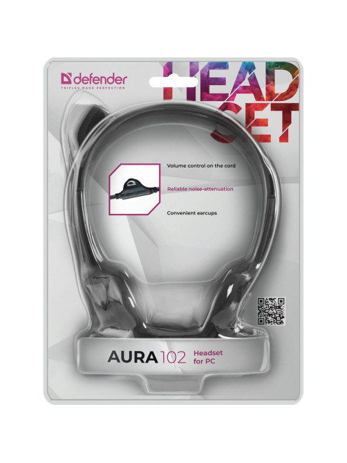 Наушники с микрофоном (гарнитура) DEFENDER AURA-102, проводные, 1,55 м, с оголовьем, черные, 63102