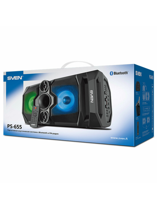 Колонка портативная SVEN PS-655, 50 Вт, TWS, Bluetooth, FM, USB, microSD, LED-дисплей, пульт, черная, SV-020163