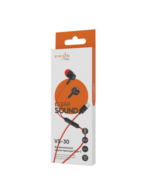 Наушники с микрофоном (гарнитура) VIXION PRO VS-30, проводные, 1,2 м, Type-C, красный, 03431, БП-00001069