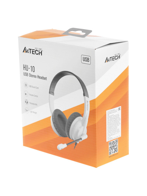 Наушники с микрофоном (гарнитура) A4TECH HU-10, проводные, 2 м, USB, черные с белым, 1611415