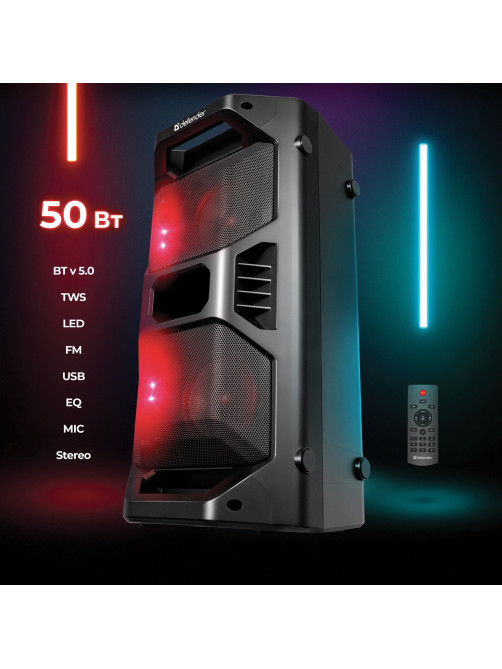 Колонка портативная DEFENDER Rage, 2.0, 50 Вт, Bluetooth, FM-тюнер, microSD, чёрная, 65109