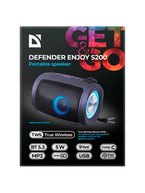 Колонка портативная DEFENDER Enjoy S200, 2.0, 5 Вт, Bluetooth, FM-тюнер, USB, microSD, 1200 мАч, 65200
