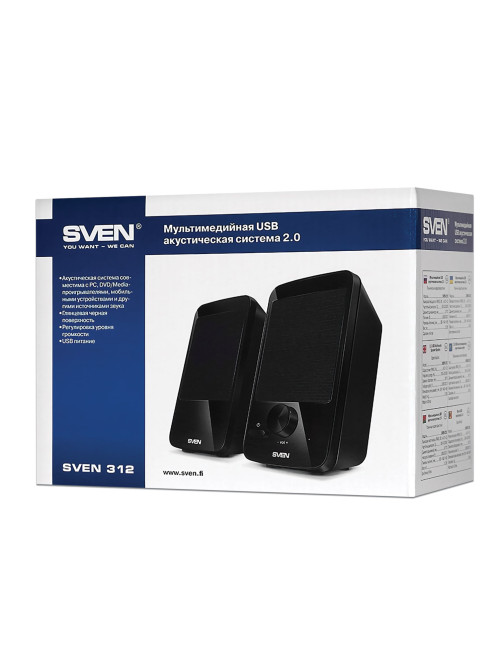 Колонки компьютерные SVEN 312, 2.0, 2х2 Вт, пластик, черные, SV-012540