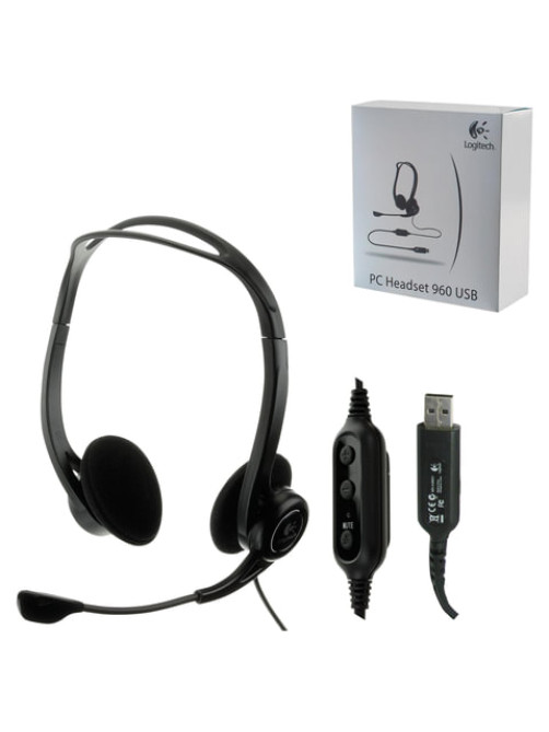 Наушники с микрофоном (гарнитура) LOGITECH PC 960, проводная, компьютерная, 2,4 м, стерео, USB, черная