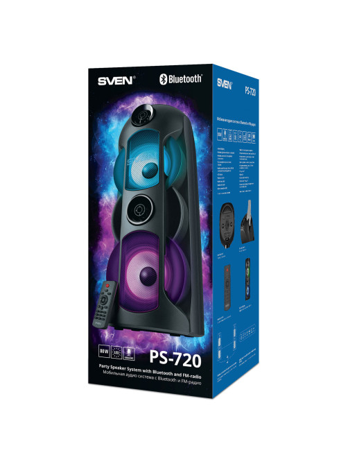 Колонка портативная SVEN PS-720, 80 Вт, TWS, Bluetooth, FM, USB, microSD, LED-дисплей, черный, SV-019600