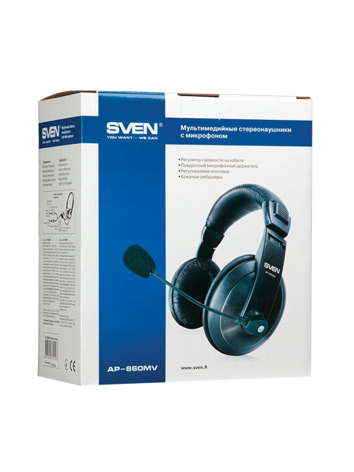 Наушники с микрофоном (гарнитура) SVEN AP-860MV, проводные, 2 м, с оголовьем, черные, SV-0410860
