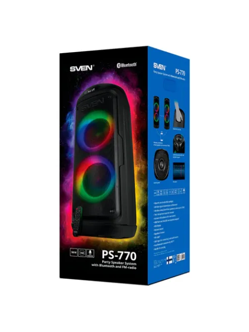 Колонка портативная SVEN PS-770, 100 Вт, TWS, Bluetooth, FM, USB, microSD, LED-дисплей, черный, SV-021719
