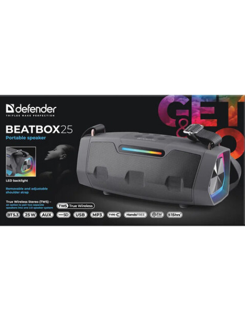 Колонка портативная DEFENDER Beatbox 25, 25 Вт, 3000 мАч, Bluetooth, FM, Type-C, черная, 65325