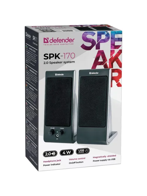 Колонки компьютерные DEFENDER SPK-165/170, 2.0, 2х2 W, пластик, черные, разъем для наушников, 65165