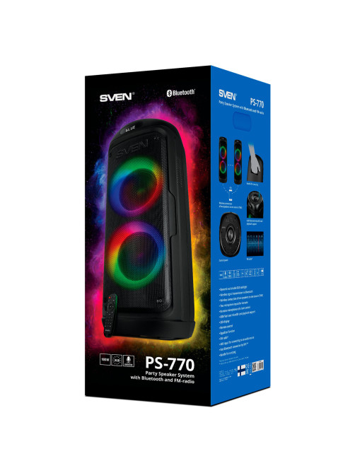 Колонка портативная SVEN PS-770, 100 Вт, TWS, Bluetooth, FM, USB, microSD, LED-дисплей, черный, SV-021719