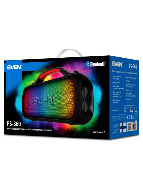 Колонка портативная SVEN PS-360, 24 Вт, TWS, Bluetooth, FM, USB, черный, SV-021740