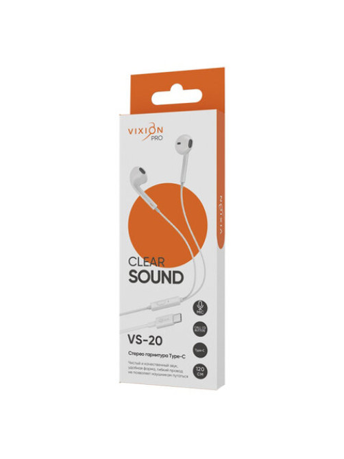 Наушники с микрофоном (гарнитура) VIXION PRO VS-20, проводные, 1,2 м, Type-C, белый, 06319, БП-00001068