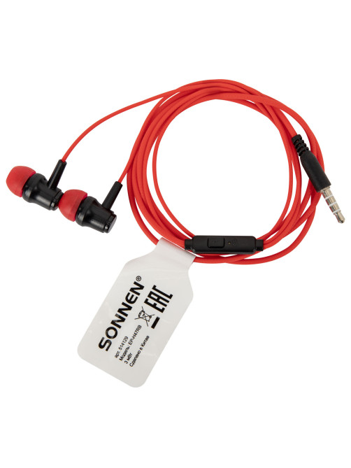 Наушники проводные внутриканальные с микрофоном SONNEN EP-H47RB, 1,1 м, красные/черные, 514129