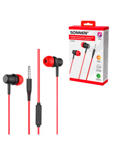 Наушники проводные внутриканальные с микрофоном SONNEN EP-H47RB, 1,1 м, красные/черные, 514129