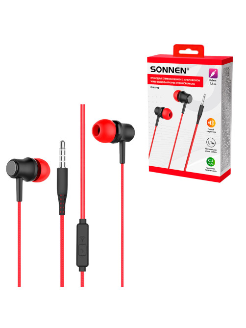 Наушники проводные внутриканальные с микрофоном SONNEN EP-H47RB, 1,1 м, красные/черные, 514129