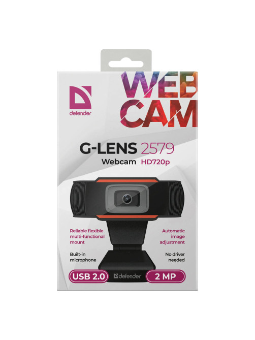 Веб-камера DEFENDER G-lens 2579, HD 720p, 2 Мп, черная, 63179